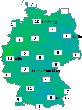 Deutschlandkarte mit Abendtemperaturen am 08.03.2026