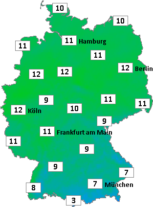 Deutschlandkarte mit Abendtemperaturen am 24.03.2026 Deutschlandkarte mit Abendtemperaturen am 24.03.2026