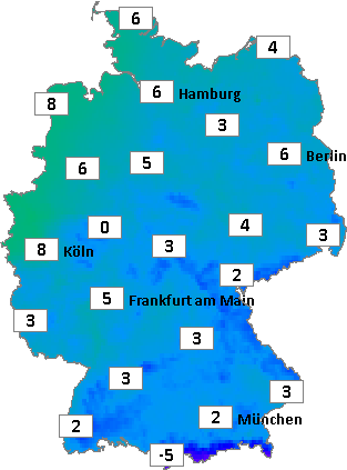Deutschlandkarte mit Abendtemperaturen am 27.03.2026