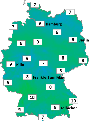 Deutschlandkarte mit Frühtemperaturen am 09.05.2026