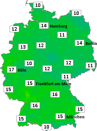 Deutschlandkarte mit Abendtemperaturen am 09.05.2026