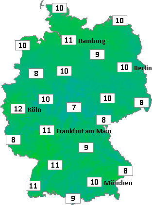 Deutschlandkarte mit Frühtemperaturen am 10.05.2026