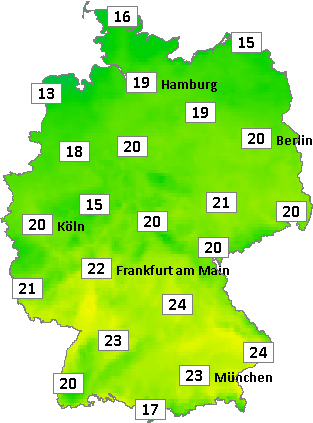 Deutschlandkarte mit Mittagstemperaturen am 10.05.2026