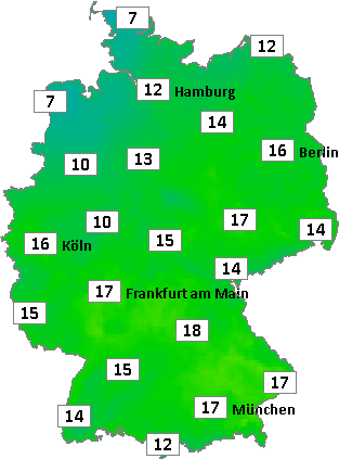 Deutschlandkarte mit Abendtemperaturen am 10.05.2026