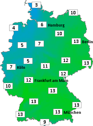 Deutschlandkarte mit Frühtemperaturen am 11.05.2026