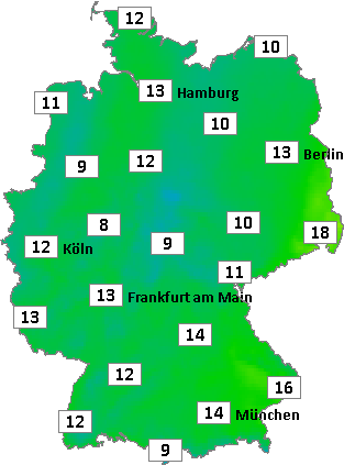 Deutschlandkarte mit Mittagstemperaturen am 11.05.2026