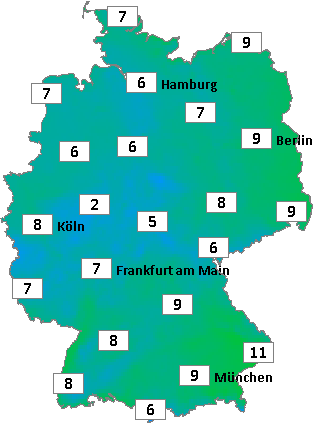 Deutschlandkarte mit Abendtemperaturen am 11.05.2026