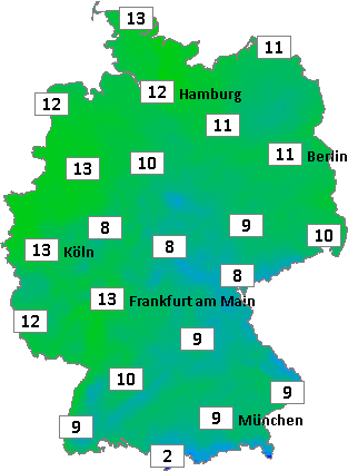 Deutschlandkarte mit Mittagstemperaturen am 12.05.2026