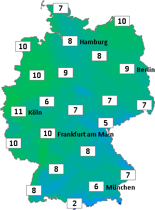 Deutschlandkarte mit Abendtemperaturen am 12.05.2026