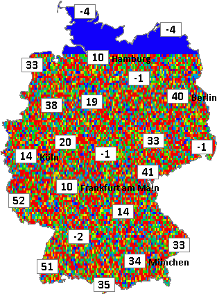 Deutschlandkarte mit Abendtemperaturen am 18.06.2026