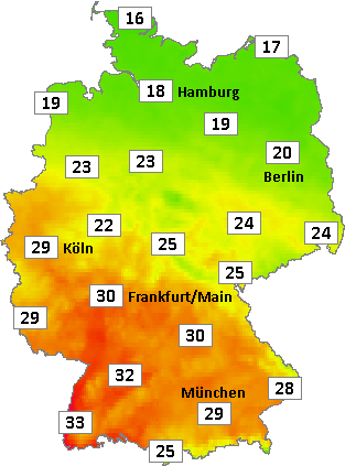 Deutschlandkarte mit Mittagstemperaturen am 07.07.2026