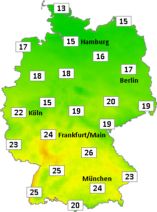 Deutschlandkarte mit Abendtemperaturen am 07.07.2026