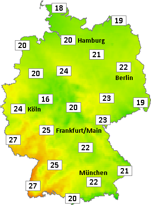 Deutschlandkarte mit Mittagstemperaturen am 08.07.2026