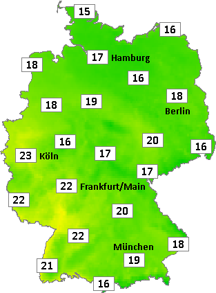 Deutschlandkarte mit Abendtemperaturen am 08.07.2026