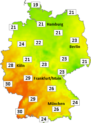 Deutschlandkarte mit Mittagstemperaturen am 09.07.2026