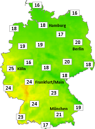 Deutschlandkarte mit Abendtemperaturen am 09.07.2026