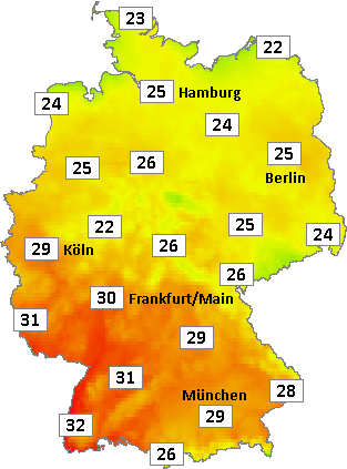 Deutschlandkarte mit Mittagstemperaturen am 10.07.2026