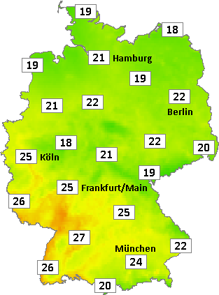 Deutschlandkarte mit Abendtemperaturen am 10.07.2026
