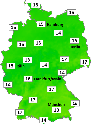 Deutschlandkarte mit Frühtemperaturen am 21.08.2026 Deutschlandkarte mit Frühtemperaturen am 21.08.2026