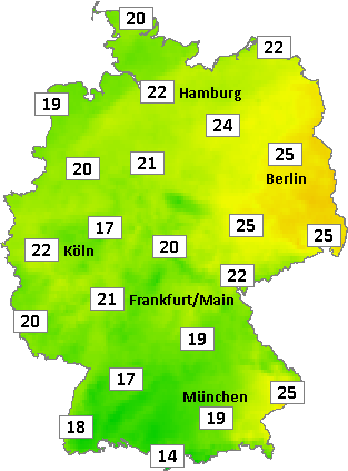 Deutschlandkarte mit Mittagstemperaturen am 21.08.2026 Deutschlandkarte mit Mittagstemperaturen am 21.08.2026
