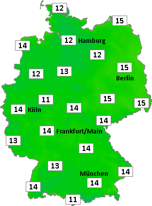 Deutschlandkarte mit Frühtemperaturen am 22.08.2026 Deutschlandkarte mit Frühtemperaturen am 22.08.2026