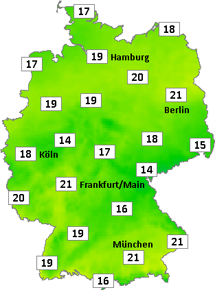 Deutschlandkarte mit Mittagstemperaturen am 22.08.2026 Deutschlandkarte mit Mittagstemperaturen am 22.08.2026