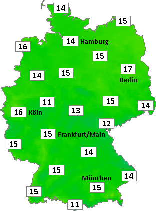 Deutschlandkarte mit Abendtemperaturen am 22.08.2026 Deutschlandkarte mit Abendtemperaturen am 22.08.2026