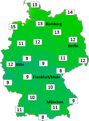 Deutschlandkarte mit Frühtemperaturen am 23.08.2026 Deutschlandkarte mit Frühtemperaturen am 23.08.2026