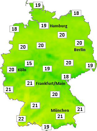 Deutschlandkarte mit Mittagstemperaturen am 23.08.2026 Deutschlandkarte mit Mittagstemperaturen am 23.08.2026