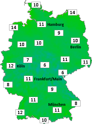 Deutschlandkarte mit Frühtemperaturen am 24.08.2026 Deutschlandkarte mit Frühtemperaturen am 24.08.2026