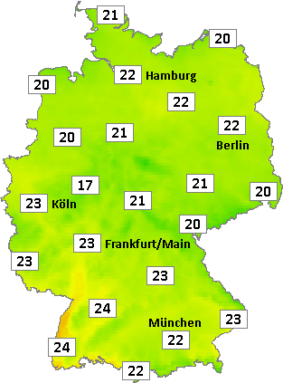 Deutschlandkarte mit Mittagstemperaturen am 24.08.2026 Deutschlandkarte mit Mittagstemperaturen am 24.08.2026