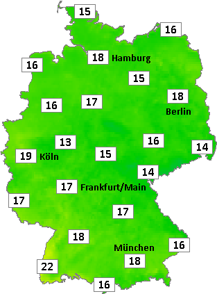 Deutschlandkarte mit Abendtemperaturen am 24.08.2026 Deutschlandkarte mit Abendtemperaturen am 24.08.2026