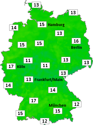 Deutschlandkarte mit Abendtemperaturen am 06.10.2026