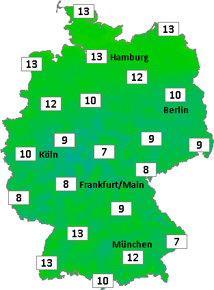 Deutschlandkarte mit Frühtemperaturen am 07.10.2026