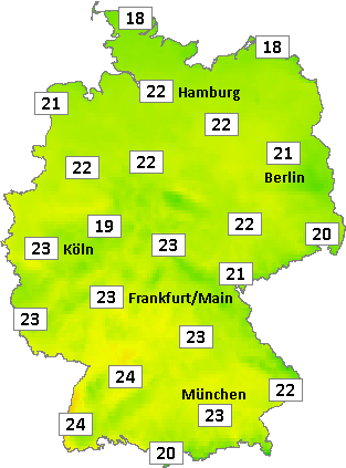 Deutschlandkarte mit Mittagstemperaturen am 07.10.2026