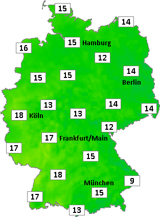 Deutschlandkarte mit Abendtemperaturen am 07.10.2026