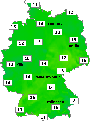 Deutschlandkarte mit Frühtemperaturen am 08.10.2026