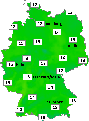 Deutschlandkarte mit Mittagstemperaturen am 08.10.2026