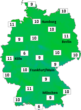 Deutschlandkarte mit Abendtemperaturen am 08.10.2026